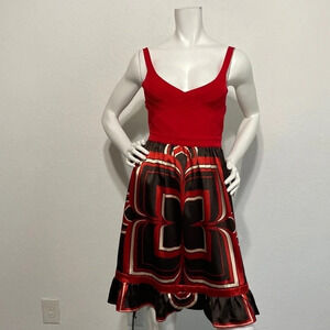 2b bebe Red Black Retro Print Fit & Flare Knee Length Dress Size M